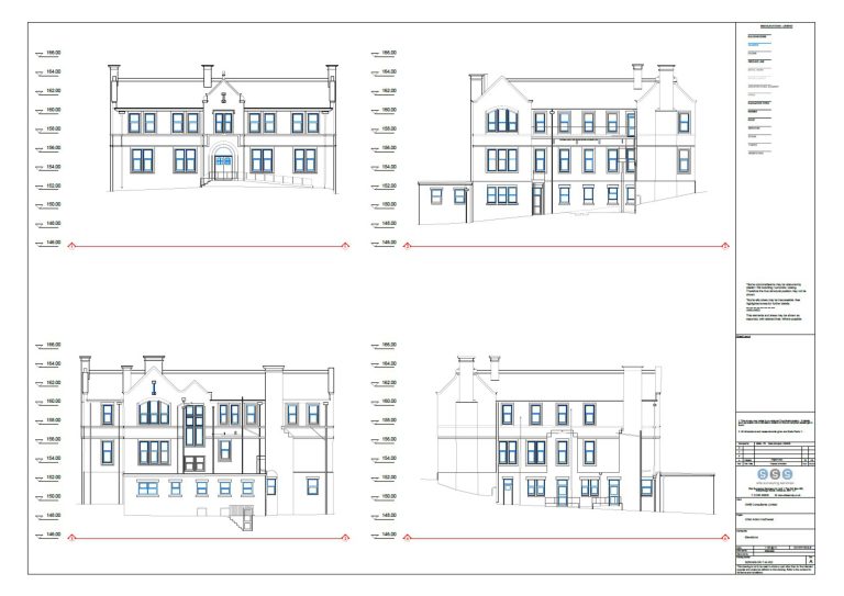 Measured building survey elevation drawings showing full building of house façade set with level data architectural detail and survey plans for planning and design