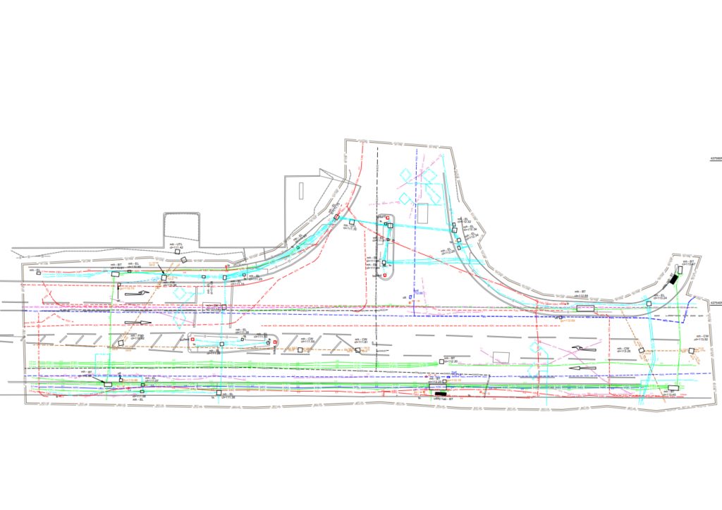 PAS128 utility survey drawing showing underground services mapping drainage water gas electric and telecoms coordination with topographical road layout for civil engineering design